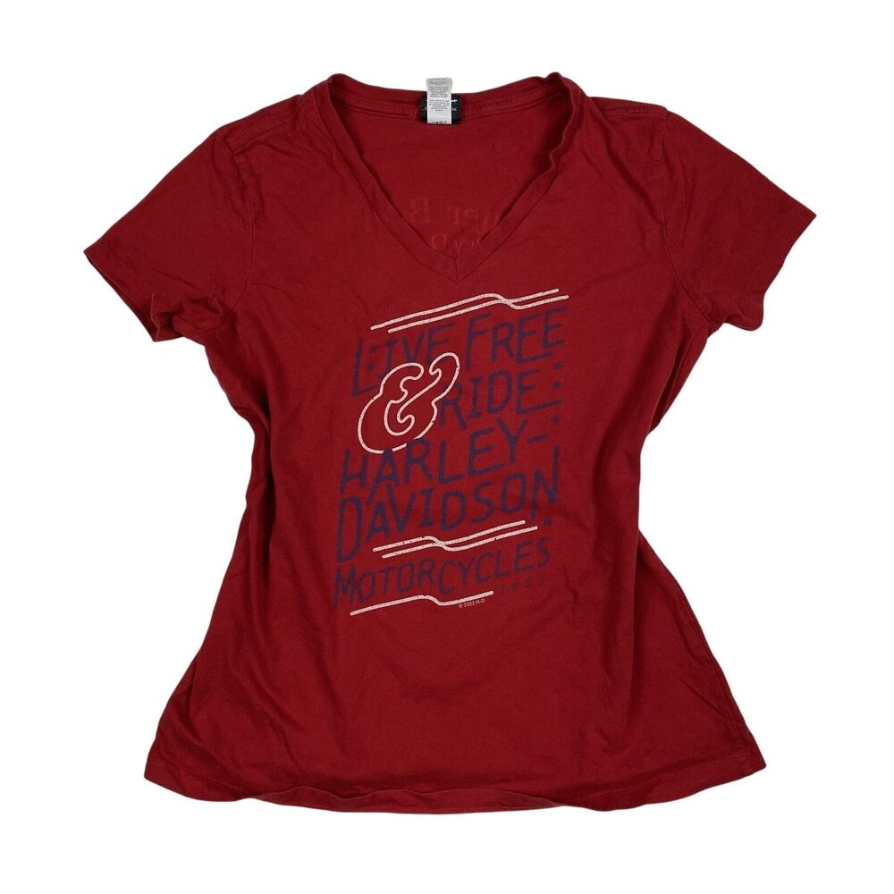Harley-Davidson Women’s T-Shirt M Red V-Neck Outer Banks NC Live Free Ride Y2K